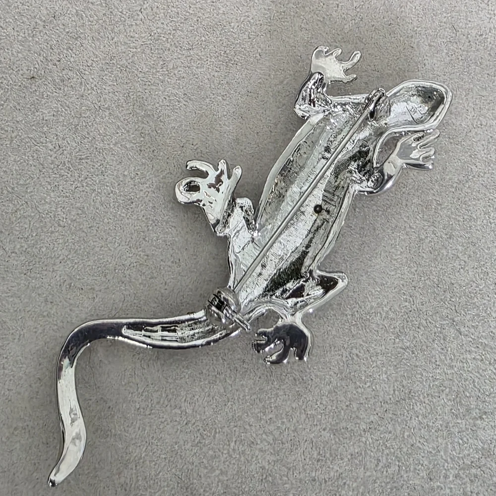 Vintage Silver with Black Enamel and Pave Rhinestone Lizard Brooch Pin